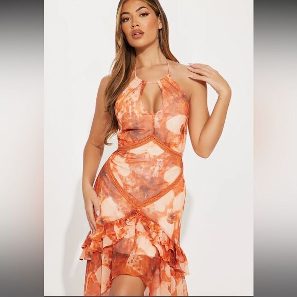 Fashion Nova Daisy High Low Maxi Dress - Orange/combo | size M | NWT - Picture 3 of 12